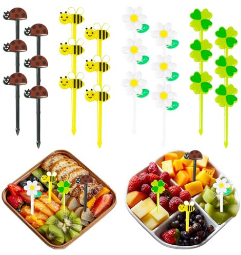 Food Picks for Kids 24 Pcs Cute Mini Fruit Forks Food Picks Reusable Kids with Ladybug/Bee/Four-Leaf Clover/Flower Patterns, Reusable Bento Box Accessories for Children & Adults