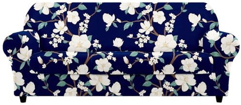 Arquiel Funda Sofa 3 Plaza, Funda EláStica para Sofá Funda 4 Piezas Jacquard Funda De Sofá con Reposabrazos Antideslizante Antimanchas Lavable(Flores De Color Blanco Oscuro)