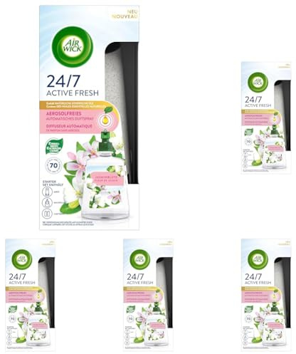 Air Wick Active Fresh – Starter Set – Aeorosolfreier, automatischer Lufterfrischer – Raumduft Jasminblüte – 228 ml Nachfüller + Gerät (Packung mit 5)