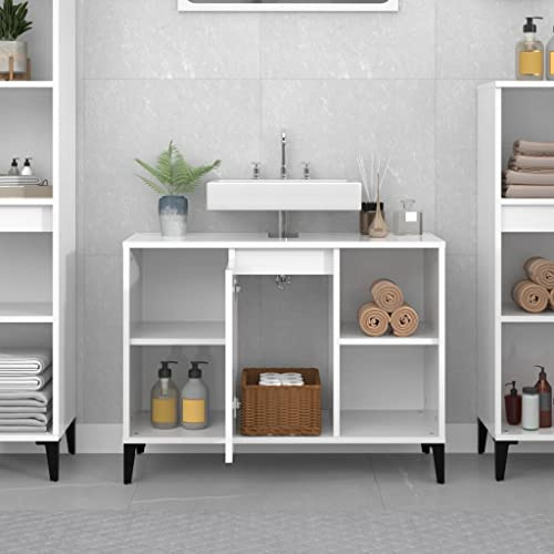 Homvdxl Under Sink Bathroom Cabinet, Floor Standing Storage Cupboard Basin Unit, for Washbasins without Pedestal, Cabinet Only, 80x33x60 cm - White High Gloss
