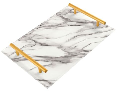 Bandeja decorativa de cama con textura de mármol irregular con asas, bandeja para café, joyería, perfume, cocina, servir charolas para decoración