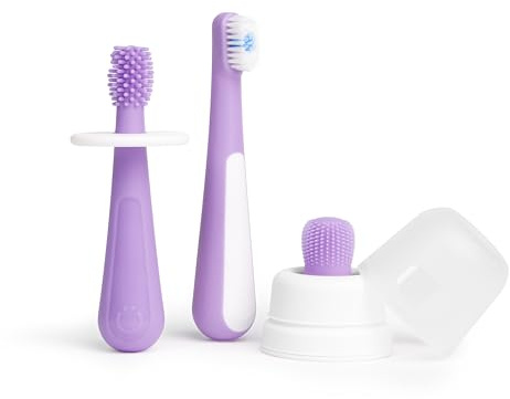 Ubbi Grow with Me Toothbrush Training Set for Babies and Toddlers, Includes Silicone Finger Brush, 360° and Soft Bristled Toothbrush, Smoothie Purple