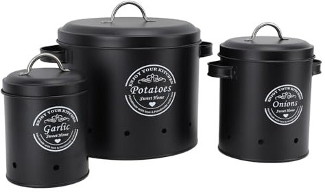 Bonbela 3 Pezzi di Stoccaggio Cipolla in Acciaio in Acciaio Carbonio in Acciaio Cucina Contenitori Contenitori Vasi per Banconi con Coperchio Manico di Grande capacità Protezione da (Nero)