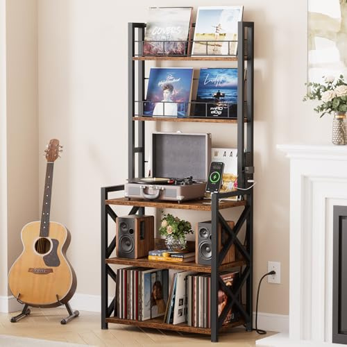 Epouseter Record Player Stand with Power Outlet, 5-Tier Vinyl Record Storage Rack with Turntable Stand, LP Album Organizer & Display Rack, Media Storage Cabinet for Living Room Bedroom Music Corner