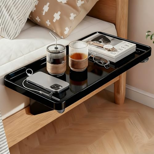 Bandeja de cama para guardar, 32 x 23,3 x 5,3 cm, mesita de noche para colgar con ranura para cable de carga, estantería para mesita de noche, mesa de noche, cama para sofá, todos los objetos