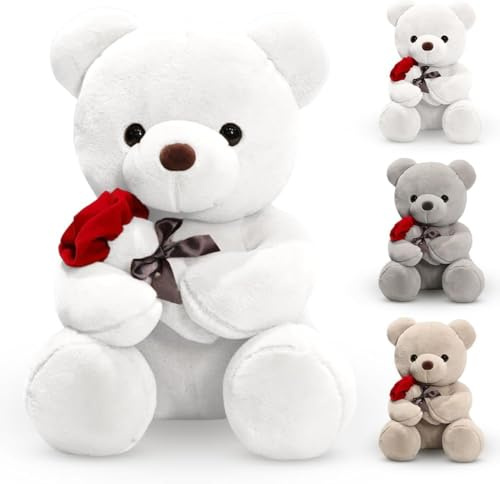 BRIMOREA Orsacchiotto di peluche, orsacchiotto di peluche, 23 cm, orsacchiotto di peluche con rosa, regalo per mamma, bambini, ragazze, compleanno, San Valentino (bianco)