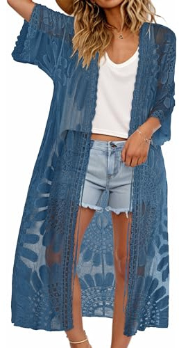 Womens Beach Coverups Lace Kimono Cardigan Open Front Swimsuit Bikini Tops | soft and lightweight, relaxed fit, see through lace patterns, half sleeve, elegant cover up for beach parties and vacation