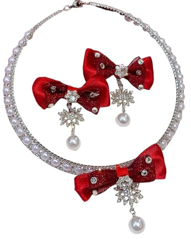 JPSSJGYH Bow Choker collar y perlas pendientes Set, brillante strass Bowknot pendientes colgantes, regalo de joyería de fiesta para las mujeres (Red)