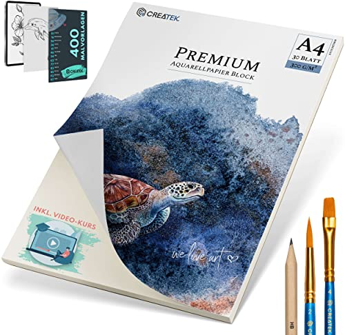CreaTek Aquarellpapier A4 300 g [Einschließlich 2 Stunden Videokurs] 30 Blatt Aquarellblöcke + 2 Pinsel + Bleistift 400 Malvorlagen - Aquarellfarben Papier