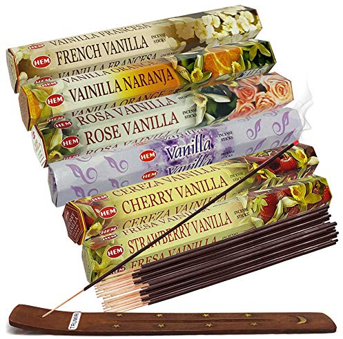 Hem Incense Sticks Variety Pack #18 and Incense Stick Holder Bundle with 6 Vanilla Fragrances