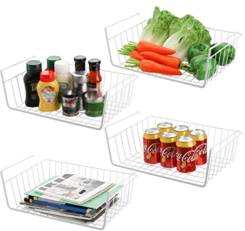 Tebery 4 Stück Unterregal Hängekorb aus Metall Aufbewahrungskörbe, Drahtkorb, Regaleinhängekorb, Aufbewahrungsregale zum Einschieben für Küche, Speisekammer, Schreibtisch, Bücherregal, Weiße