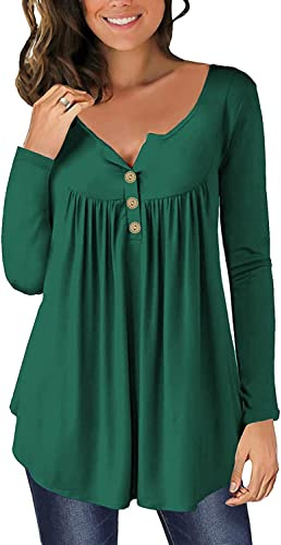 Vert Foncé Tunique Femme Chic et Elegant Grande Taille Manche Longue Haut Décontractés Amples Coton Vetements Chemise T-Shirt