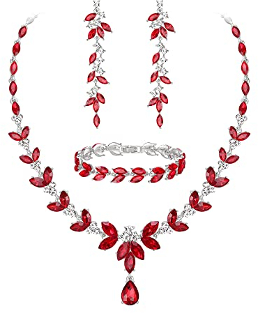 EVER FAITH Schmuckset Österreichisches Kristall Braut Schmuck-Set, Elegante Marquise Strass Blatt Halskette mit baumelnden Ohrringen Tennis-Armband-Set, Rot Silber-Tone