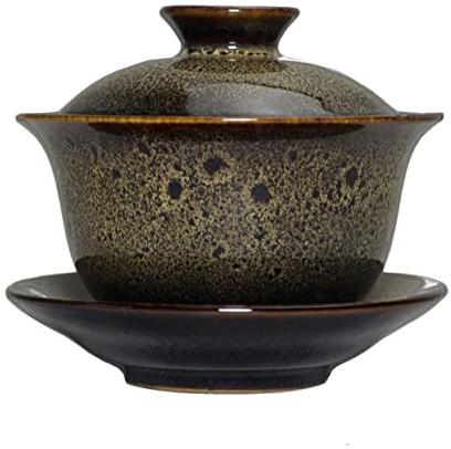 Liang baobao Porcelana Gaiwan - Juego de tazas de té esmaltadas de color de 5.6 onzas, taza de té china Tureen Sancai, cubierta de cuenco y platillo para labios (marrón)