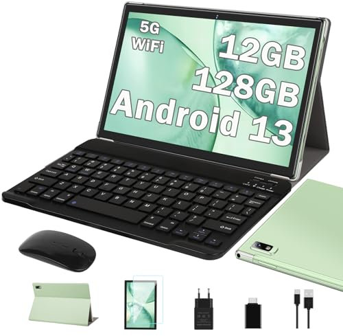 2025 Newest Tablet 10 Pulgadas Android 13 Tablets, 12GB RAM+128GB ROM/TF 1TB, 5G WiFi, 8-Core 2.0 GHz | Tapa Metálica | GMS Certificado | BT 5.0 | Widgets | Tablet con Funda, Teclado y Ratón - Verde