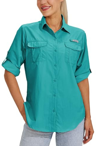 WILLIT Damskjorta UPF 50+ skjorta solskydd skjortor långärmad vandringsblus safari fiskeskjortor SPF snabbtorkande vandring utomhus skjortor, Teal, L