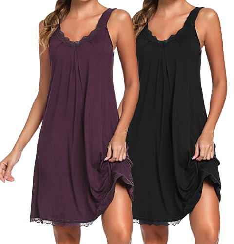 Uniexcosm Nachthemd Damen Ärmelloses Kurz Baumwolle Nachtkleid Spitze V-Ausschnitt Nachtwäsche Sexy rutschfeste Schultergurte Freizeitkleid Sleepwear Schwarz+Dunkelfuchsia L