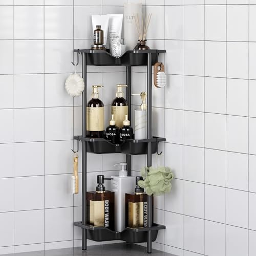 Oriware Estanteria Baño de Ducha de Pie, Organizador de Esquina de Piso de Empalme con 4 Ganchos, Cesta Ducha sin Taladrar para Baño (Negro, 3 Tier)