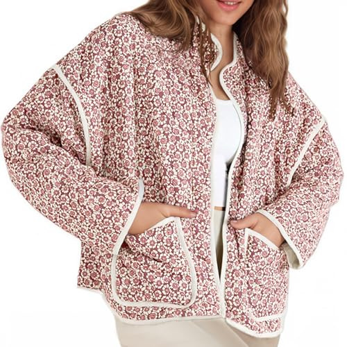 Tankaneo Womens Quilted Lightweight Jackets Floral Print Winter Coats Open Front Cardigan with Pockets
