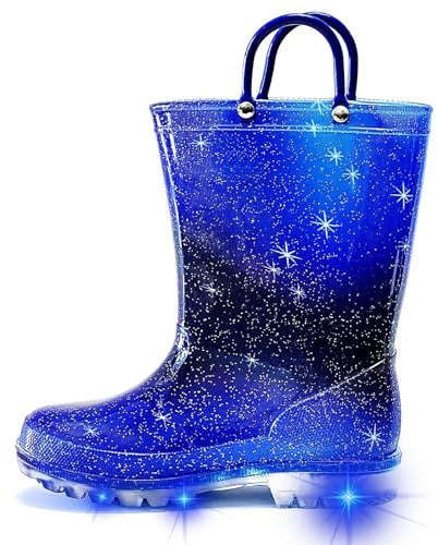 Greentiming Kids Wellies for Girls Boys, Light Up Glitter Waterproof Wellington Boots with Easy on Handles, Toddler Wellies Size 6 UK Child, Starry Sky