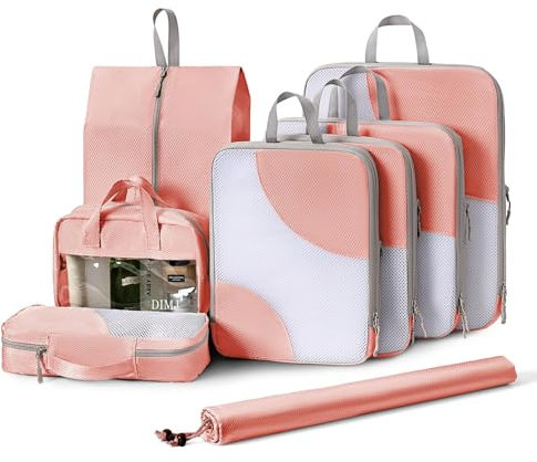 DIMJ Packing Cubes Compression Organizador, Bolsas Compresion Viaje, Organizadors Maleta Viaje, Sistema de Organización para Maletas, 8 Piezas, Rosa