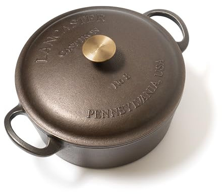 Lancaster Cast Iron 5 Qt. Dutch Oven - Made in the USA - Smooth cooking surface - Self Basting Lid with a solid Brass Knob