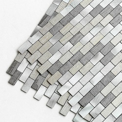 M MOFIT Metal Peel and Stick Brick Kitchen Backsplash Self-Adhesive Wall Mosaic Tiles for Fireplace Stove Bathroom(Gray 10pcs)