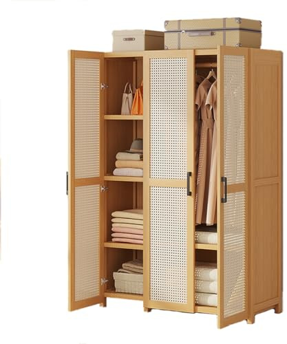 Dcbdx 2/3/4/5 Rattan Türiger Kleiderschrank Holz Garderobe Mehrzweckschrank mit Kleiderstange Einlegeboden Schrank Flurschrank,3 Door
