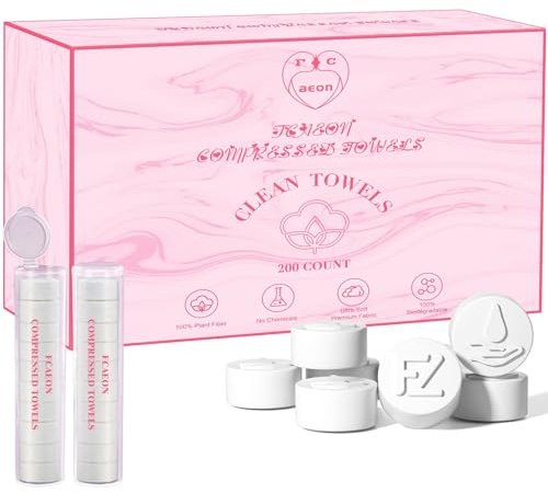 FCaeon Komprimerade Handdukar, Ultra Mjuk Engångs Ansiktsduk, Tjock Compressed Towels, Bärbara Kompakta Bomullservetter för Sminkborttagning,Känslig Hud,Ansiktsrengöring,Skin Care,Resor(200 st Rosa)