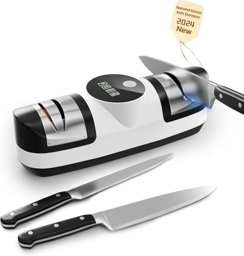 Aiguiseur de couteaux électrique, système d'affûtage de couteaux 5 en 1 avec réglage à 3 vitesses, affûteur de couteaux diamant professionnel rechargeable avec affichage LED (KH1)