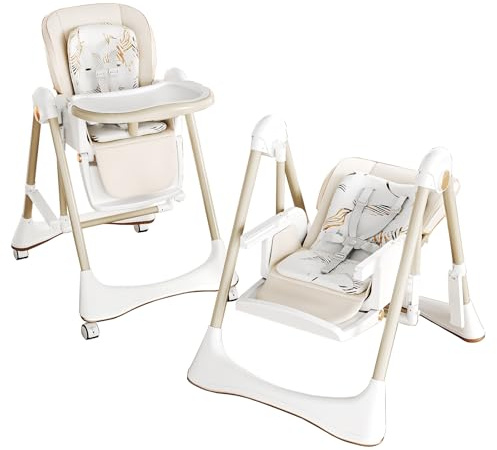 Prokoke PU-Leder Kinderhochstuhl, Schaukel & Babyfütterungs Doppelmodus, Zusammenklappbar und Umbaubar Kleinkinderhochstuhl mit Einstellmöglichkeiten, Abnehmbarem Doppeltablett, Rädern (8121 White)