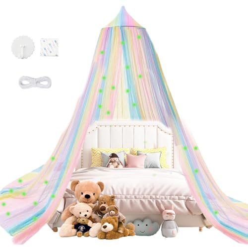 Eidoct Rainbow Bed Canopy Princess Girl Dream Tent with Sparkling Stars Hanging Bed Mesh Cover Fairy Tale Theme Party Play Bed Cover Decorative Mosquito Net
