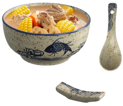 Cuenco Ramen, Tazón de Ramen Japonés, 6 inch Cuencos de Sopa Grandes Vintage, 15x7.5 cm, Ramen Bowl de Cerámica con Cuchara para Ensalada Frutas, Verduras, Fideos