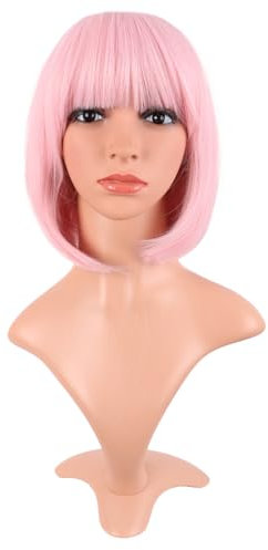 MapofBeauty - Peluca de 12 pulgadas / 30 cm corta lisa plana con flecos estilo bob resistente al calor sintética (rosa pálido)