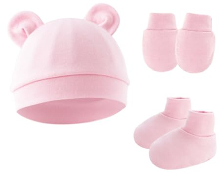 Hybursky Newborn Baby Beanie Hat and Gloves Socks 3 Pack 0-6 Months Pink