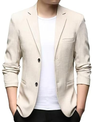 Générique Blazer en Lin pour Homme, Élégant, Décontracté, Léger Et Respirant, Couleur Unie, Deux Boutons, Coupe Slim, pour Banquet, Fête, Mariage, Bal, Beige, Taille L