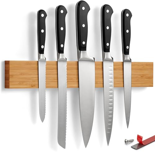 LARHN Magnetic Knife Holder for Wall or Fridge - No-Drill Bamboo Knife Magnetic Strip, 16″ - Renter Friendly
