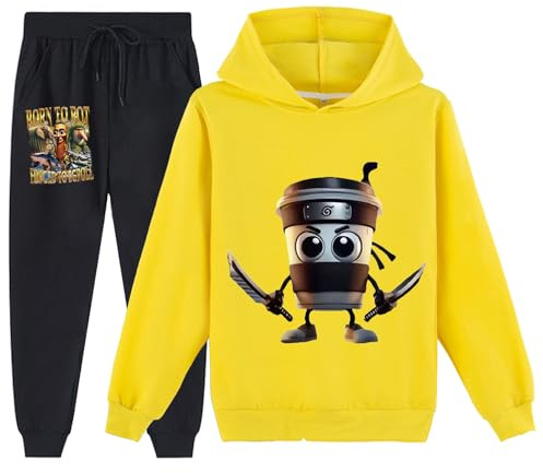 YuanDiann Barn Cappuccino Assassino träningsoveraller huvtröja + joggingbyxor 2-delat set italienskt brainrött tryck träningsoverall pojkar flickor huvtröja och byxor, GUL, 130