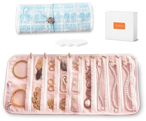 Tweed Jewelry Roll Organizer Travel with 17 Zippered Compartments, Necklace Organizer Tangle-Free, Portable Roll up Jewelry Storage Bag for Bracelets,Rings,Earrings,Scratch Protection,Display(Blue)