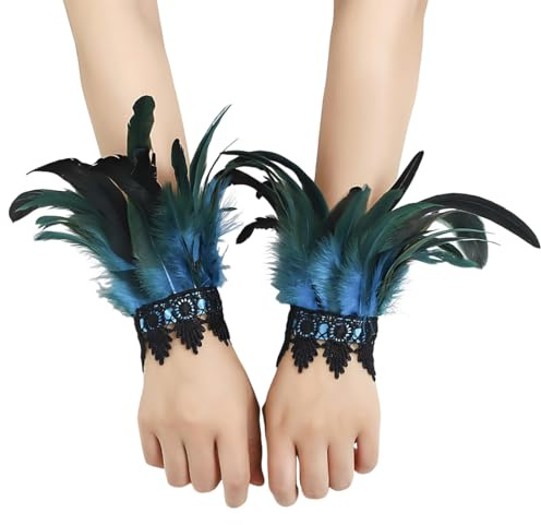 YIPFEN Manguitos de plumas de moda estilo gótico, 1 par, puños de plumas para disfraces de Carnaval y Noche de Brujas, para el juego de fiesta Día de Todos los Santos (Azul Ácido)