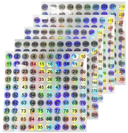 AEUXZA 10 Fogli Adesivi Numeri 1-500 (2 Serie), Etichette Adesive Rotonde 10mm Olografiche, Sticker Numerici Impermeabili per Inventario, Archivio, Organizzazione