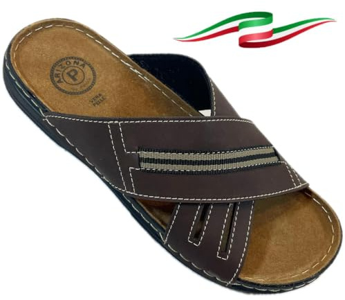 Arizona Ciabatte aperte Uomo Pelle sintetica Tomaia Incrociata sottopiede soffice vera pelle S1L Antiscivolo MADE IN ITALY (Testa di moro, Sistema Taglie Calzature EU, Adulto, Uomo, Numero, Media, 44)