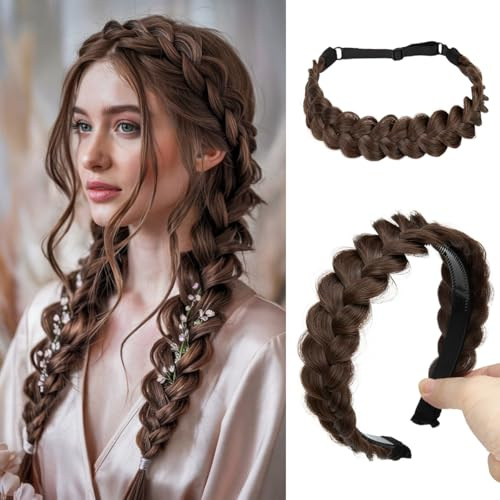 CJL HAIR 2 PCS Braided Headbands Hairpiece for Women Synthetic Hair Handmade Plaited Hairband Hoops Headbands Accessories Elastic Stretch Headwrap Chocolate Multi