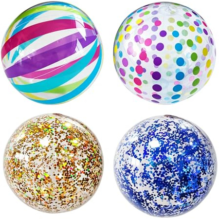 4 PCS Beach Balls Inflatable Balls and Glitter Beach Ball Set for Age 15+ | Colorful Polka Dots Rainbow, Inflatable Beaches Ball Giant Beaches Blow Up, Blow up for Swimming Pool Party