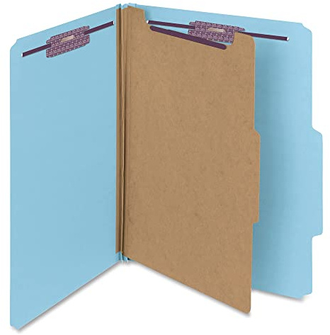 Smead Pressboard Classification File Folder with SafeSHIELD Fasteners, 1 Divider, 2 Expansion, Letter Size, Blue, 10 per Box (13730) (Pack of 1)