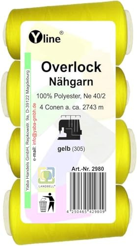 Overlock 2980 - 4 bobine di filo da cucito Overlock, 2743 m, NE 40/2, 100% poliestere, per macchina da cucire, colore: Giallo