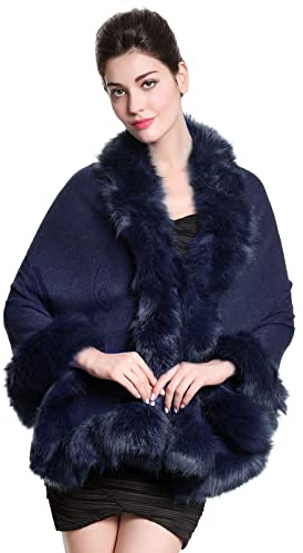 BEAUTELICATE Women Faux Fur Wrap Shawl Stole Knit Cape Shrug With Fur Trim For Winter Wedding Bride Bridesmaid Evening Party(One size, Navy Blue)