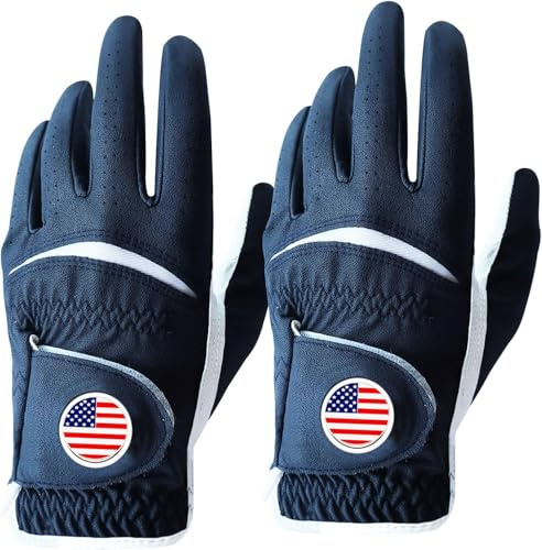 FINGER TEN Golf Gloves Men Colorful 2 Pack for Left Right Handed Golfer, Comfortable Gloves with Ball Marker for Serious Performance, Fit Size Small Medium ML Large XL (Blue,Large,Worn on Left Hand)