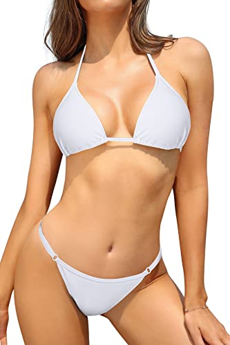 SHEKINI Damen Bikini Set Klassischer Triangel Rückenfrei Bikinioberteil Verstellbare Bademode Brasilianer Niedrige Taille Tanga Bikinihose Zweiteiliger Badeanzug(M,Weiß B)