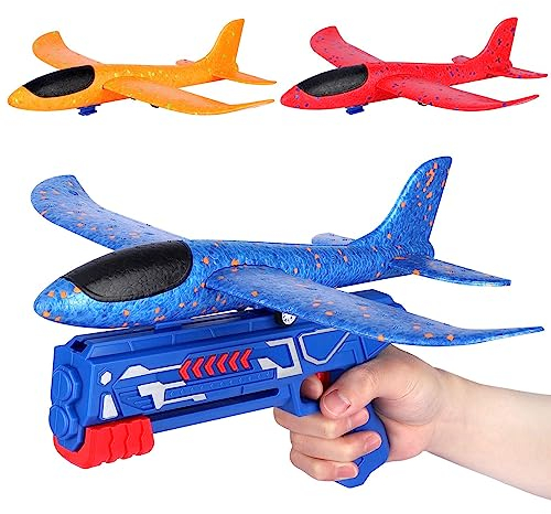 Avion Polystyrene Jouet Planeur Enfant Jeux Extérieur Interactif Avion en Mousse Volant avec Pistolet Catapulte Jeu Lancer Maquette Avion Cadeau Enfant Anniversaire Garçon Fille 3 4 5 6 7 8 9 10 Ans